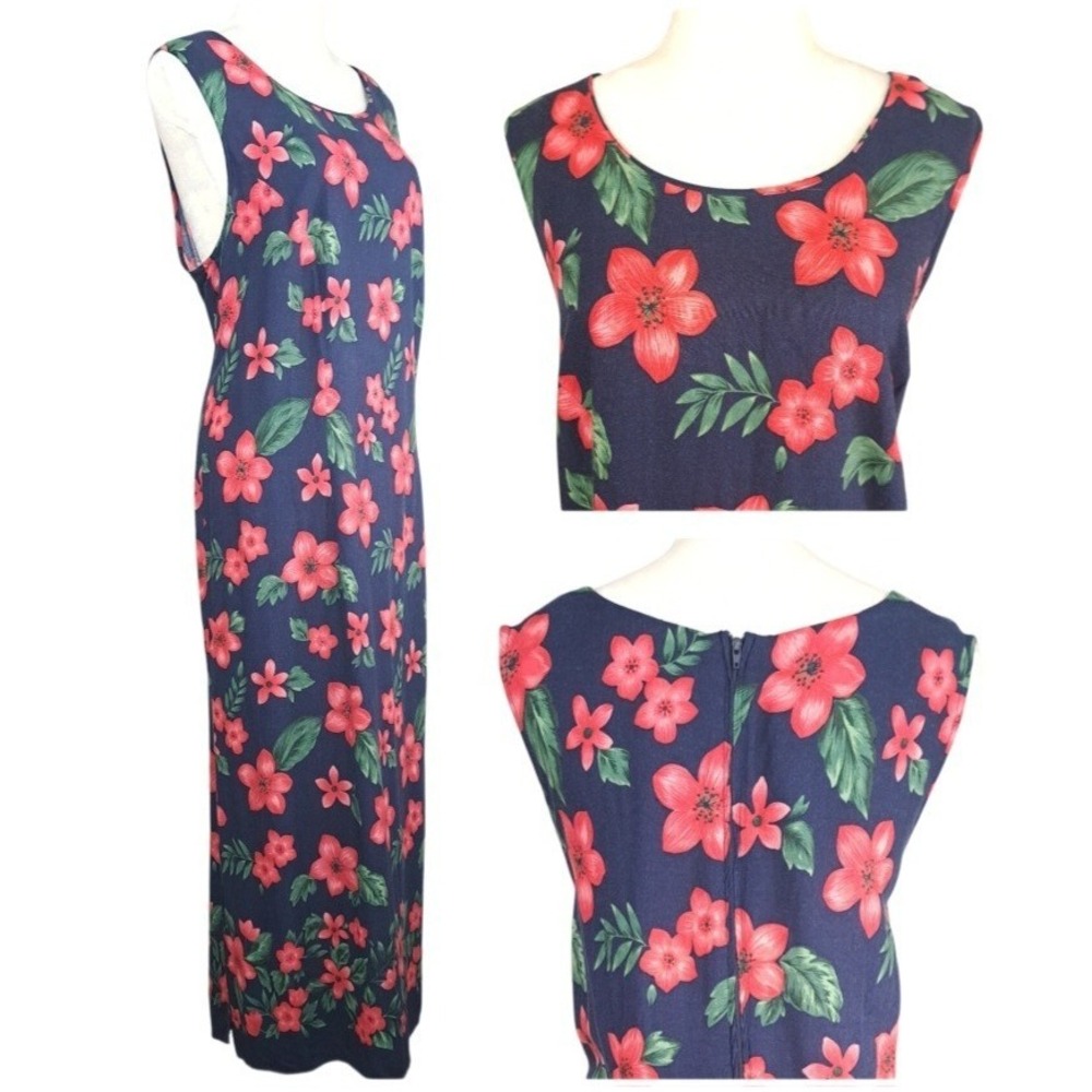 Women's Floral Maxi Dress Size 18W Navy Red Tropical Sleeveless Rayon Side Slits